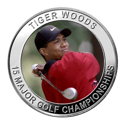 A picture of a 1 oz Tiger Woods Major Tournament Championships Silver Coin